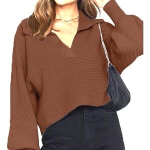 NEW Chyrii Women's Oversized Puff Sleeve V Neck Knitted Polo Sweater Size Small